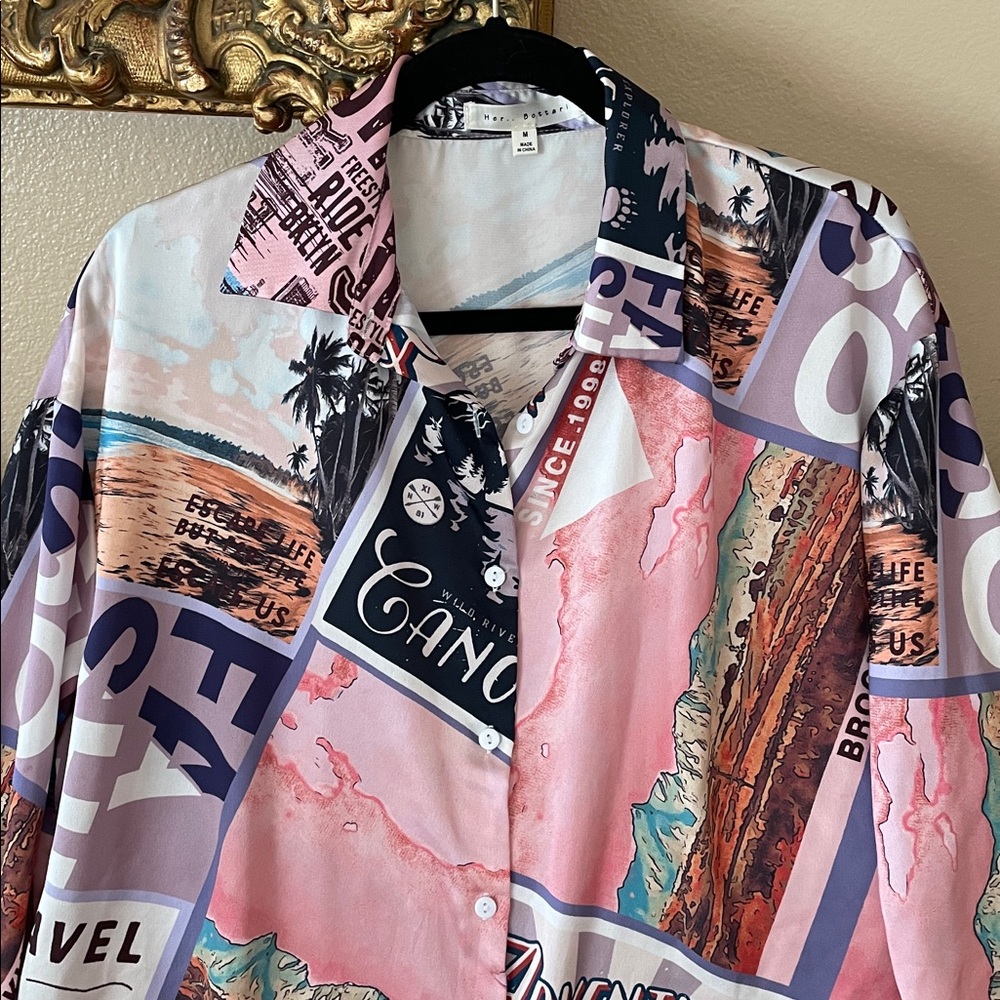 Mint Her Bottari Adventure Awaits Gorgeous Multicolor Fun Shirt Oversized Blouse - Picture 2 of 9